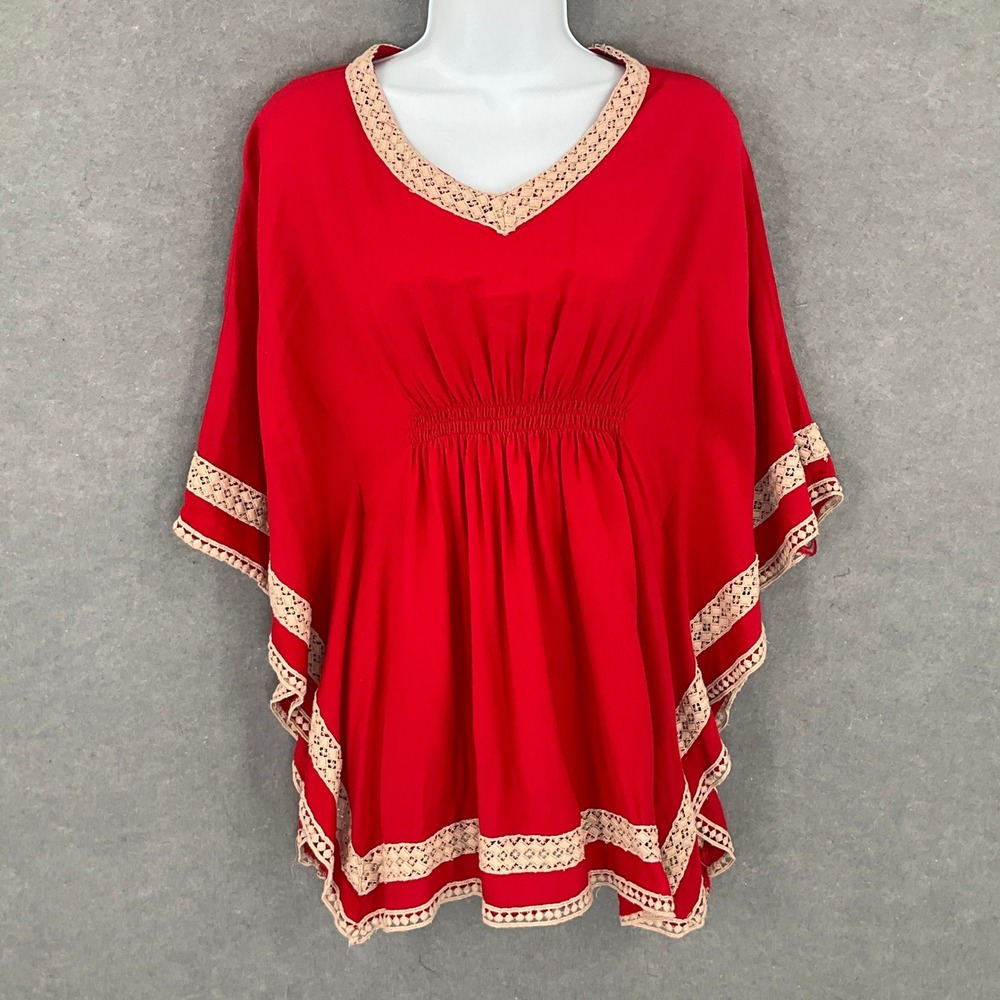 Red Tunic Top Turquoise Haven Bohemian Crochet‎ Trim Resort Wear Smocked Sz S